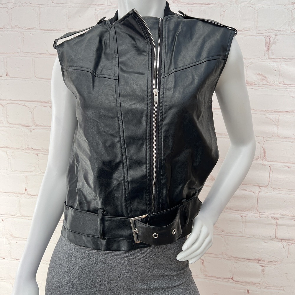 Punk Motorcycle Biker Vest Women Collar Sleeveless Polyester Black vest S